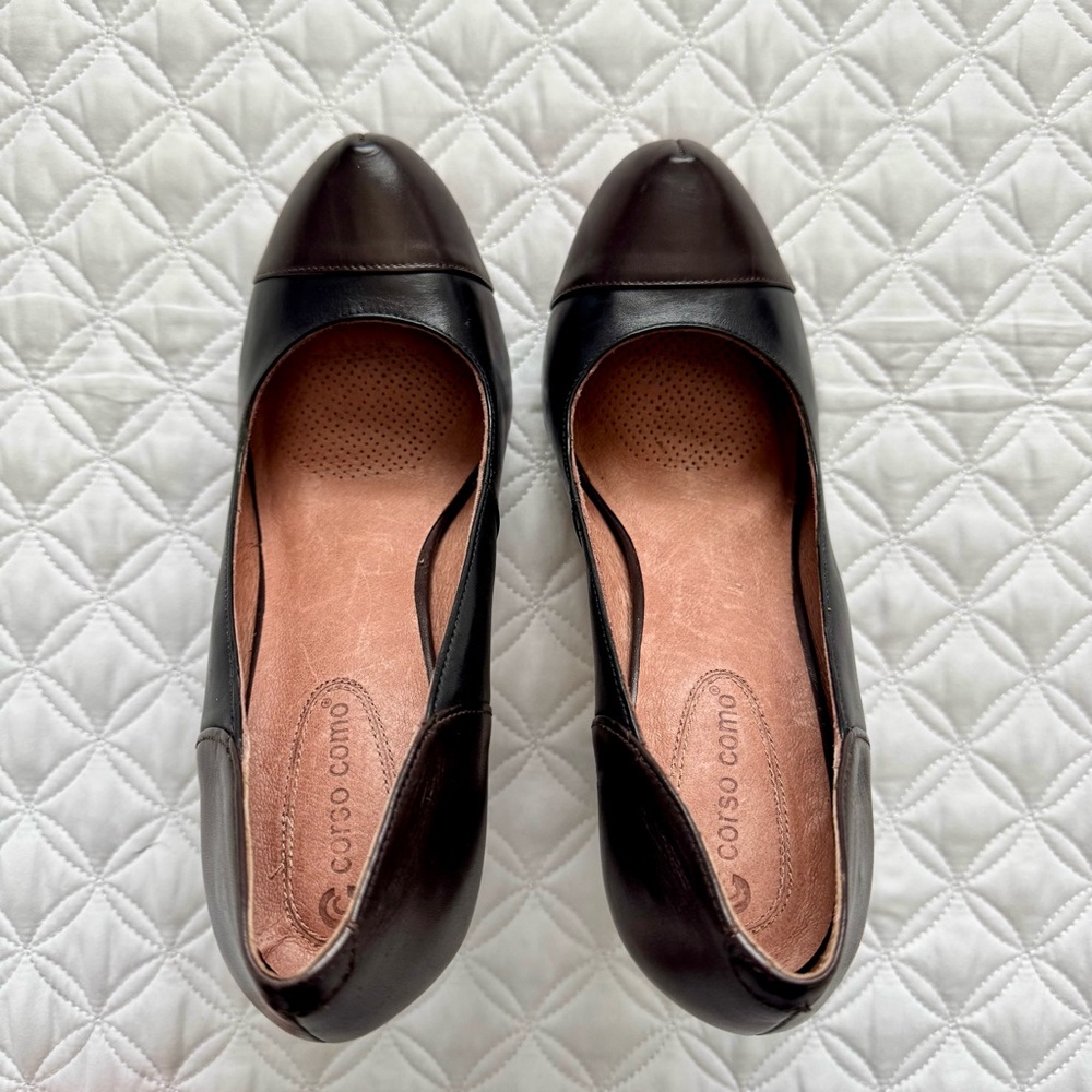 Corso Como Del Pumps Two Tone Black Brown Leather Round Cap Toe Heels Sz 9.5 - Picture 8 of 11